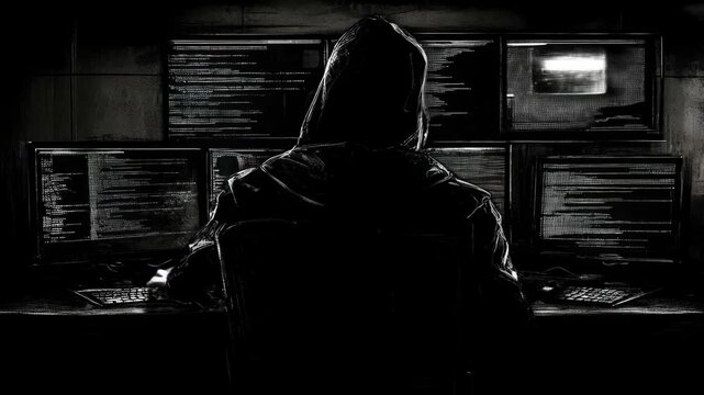 Mysterious hacker in a dark hoodie sits in front of multiple monitors filled with code in a dimly lit room. Concept cybercrime, data security, hacking, anonymity, and digital espionage.