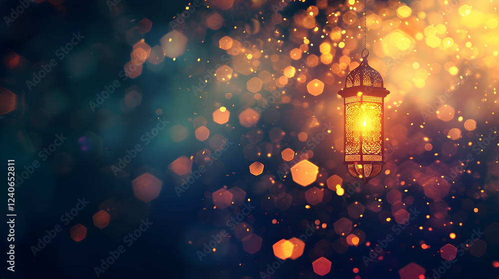 Poster a beautifully illuminated lantern hangs against a backdrop of shimmering bokeh lights, creating a wa