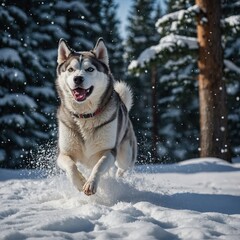 Naklejka premium Husky Running Through Fresh Snow. Siberian husky dog in snow. 