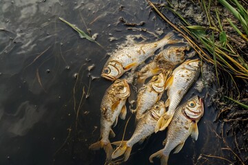 Fish floating on the surface of a polluted water body revealing the impact of environmental degradation in a local ecosystem