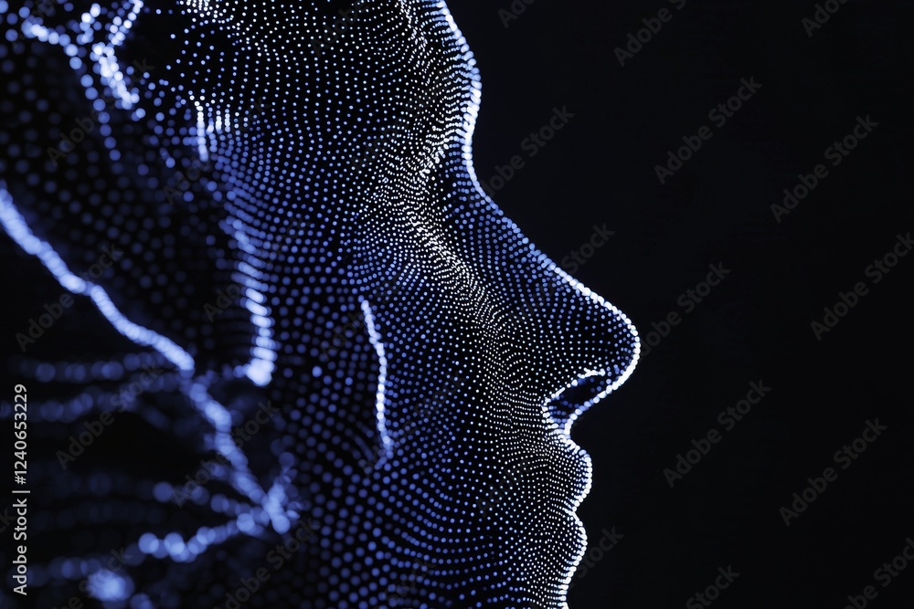 Poster an abstract digital technology background with a dark blue design, featuring glowing dots that creat