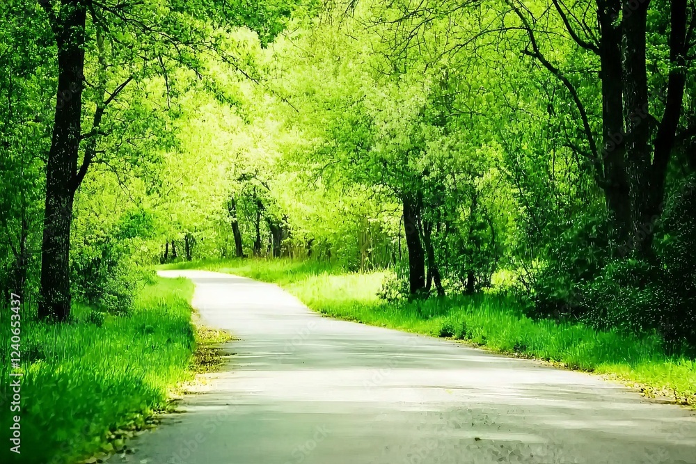 Poster blurred background with garden trees in sharp focus, creating a bokeh effect