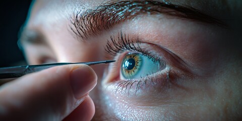 Beautician applying eyelash extension on woman's eye with tweezers, close up