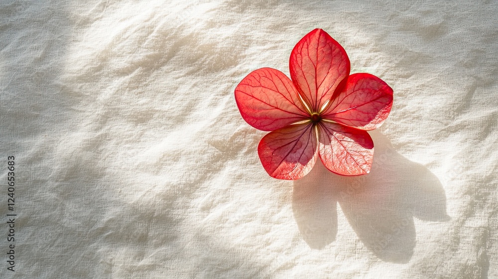 Poster delicate red flower resting on textured fabric with soft sunlight illuminating its intricate details