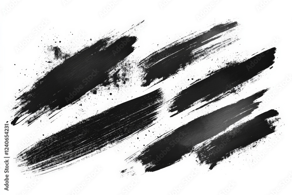Poster Black brush strokes create dynamic patterns on a white background for artistic expression and design