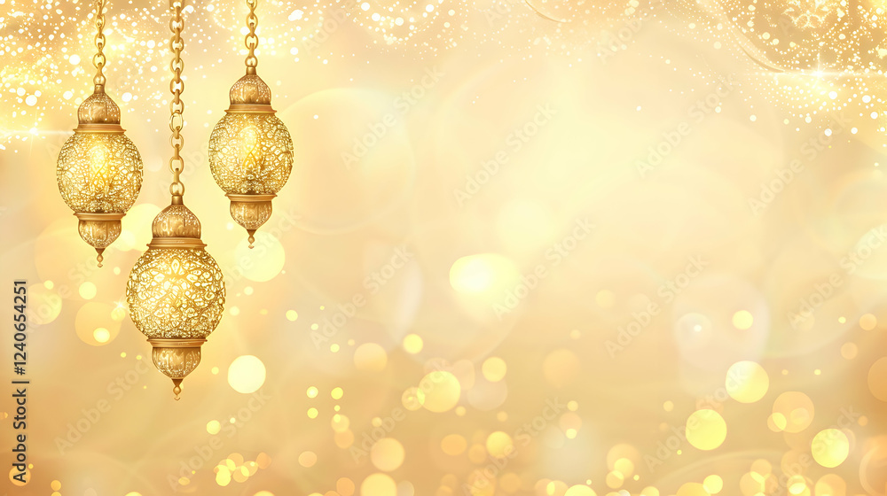 Poster elegant golden lanterns hanging against a shimmering background of soft bokeh lights