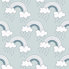 Rainbow with rain clouds pattern.