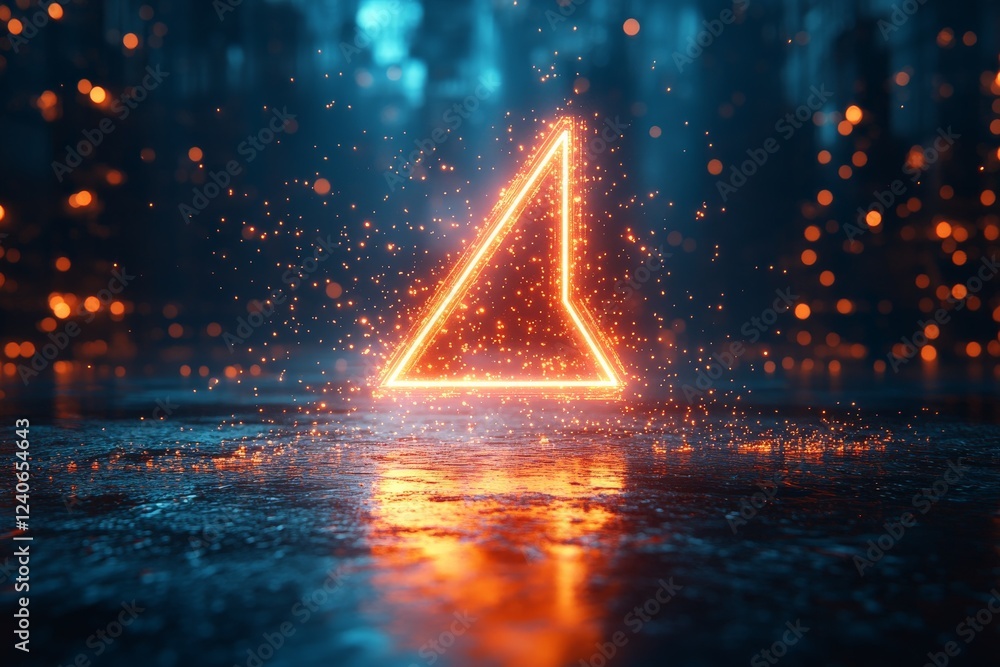 Poster bright neon triangle illuminates a dark environment with sparkling particles at night