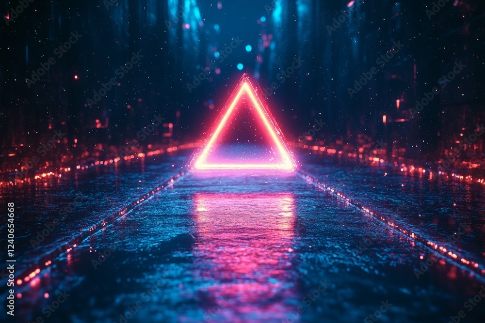 Poster neon triangle illuminated in a dark alley with reflections and mist creating a mysterious atmosphere