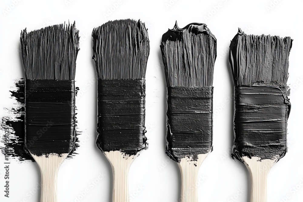 Poster Brushes with black paint show varying strokes and textures on a plain background in a creative workspace setting