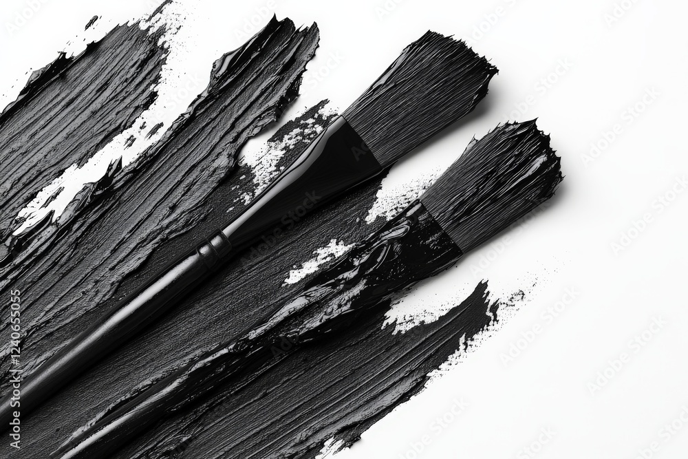 Poster black paint and brushes create an artistic display of texture and contrast on a white canvas backgro