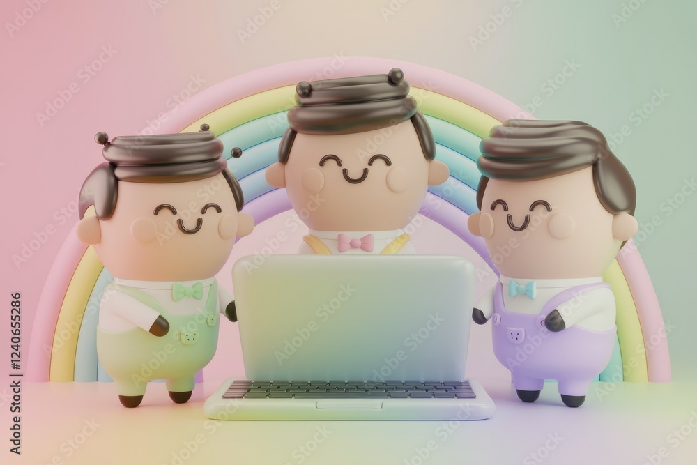 Poster three adorable 3d cartoon characters using a laptop together in a colorful rainbow setting.