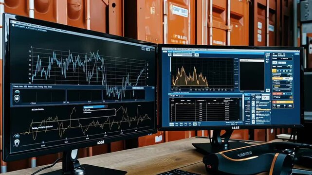 Global trade network with real-time digital tracking systems on computer at office, Transportation and logistics concept