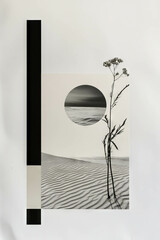 Minimalist collage featuring geometric shapes and a close-up of a grain of sand on a beach