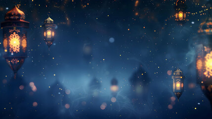 Fototapeta premium Enchanting night scene with glowing lanterns illuminating a mystical blue background