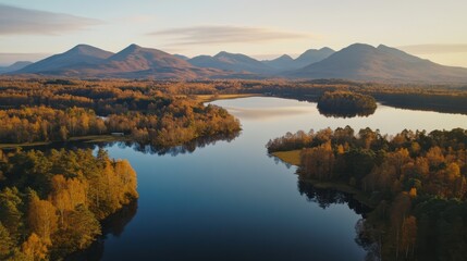 Obraz premium Serene Aerial View of Autumn Landscape with Mountains and Lake