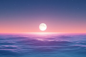Obraz premium Serene sunset with a full moon rising over a sea of clouds in a tranquil evening sky