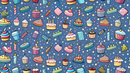 Naklejka premium Birthday Cake and Cupcake Pattern. Colorful Celebration Background