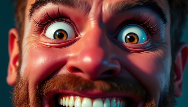 Illustration of a man's face with wildly exaggerated eyes showing a comical state of surprise - humorous expression - good for memes or comedic social media posts