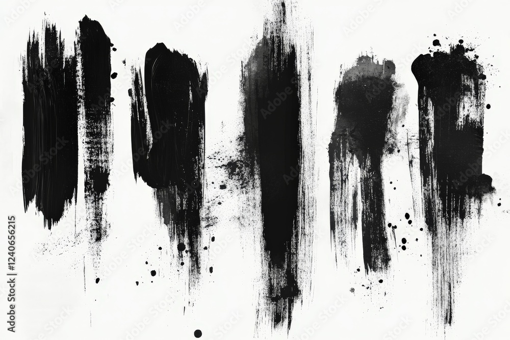 Poster abstract black brush strokes on white canvas create striking visual contrasts and textures in contem