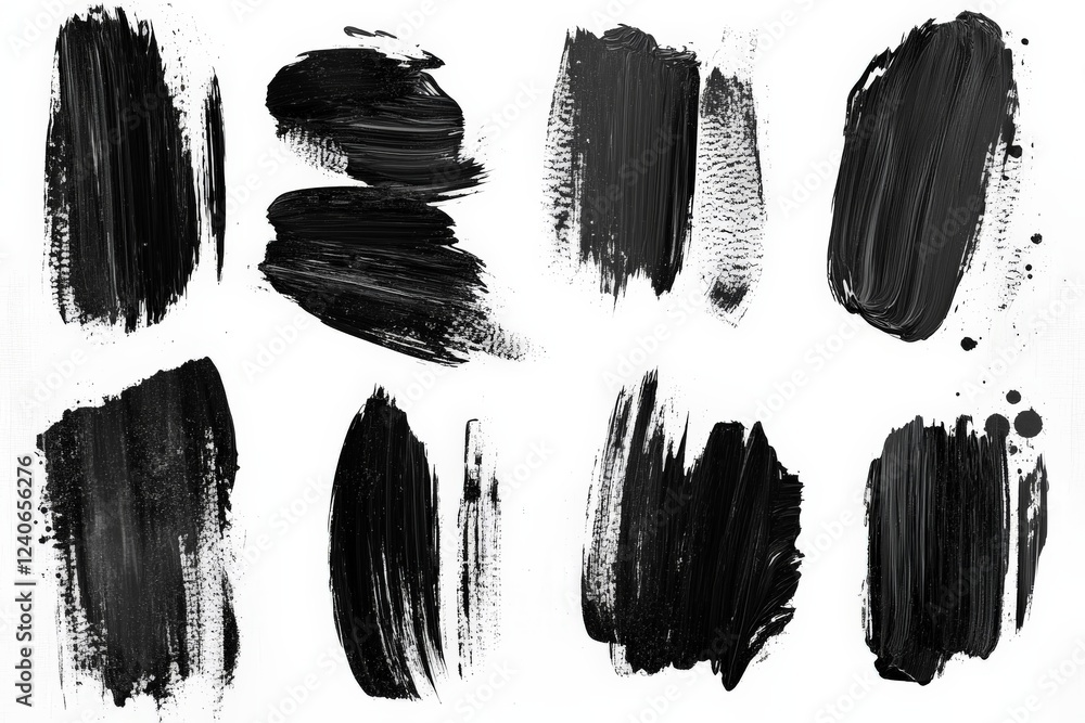 Poster Black paint strokes on a clean white canvas showcasing various artistic textures and techniques in abstract form