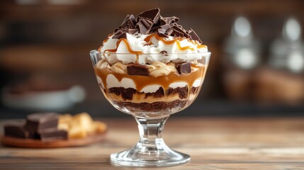 Layered Chocolate Caramel Peanut Butter Dessert in Glass Cup