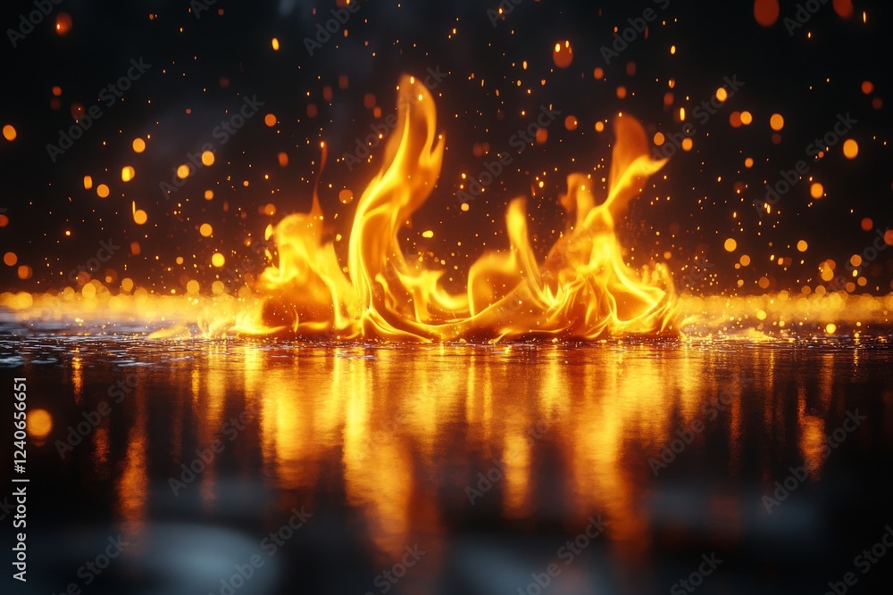 Poster bright flames dance above a reflective surface, creating an enchanting display of fire and light in 