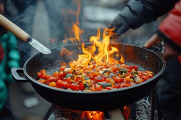 Colorful vegetables sizzling over an open flame during an outdoor cooking event in a lively atmosphere