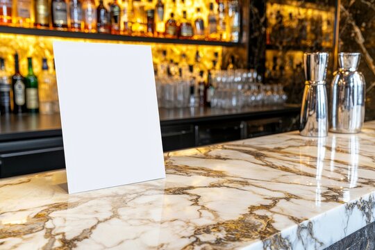 An elegant bar scene featuring a cocktail menu mockup, with a blank menu set against various bar accessories.