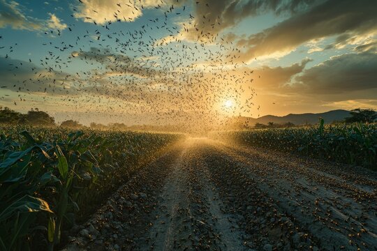 Swarm of insects rises over a cornfield during sunset with dramatic lighting and scenic countryside - Powered by Adobe