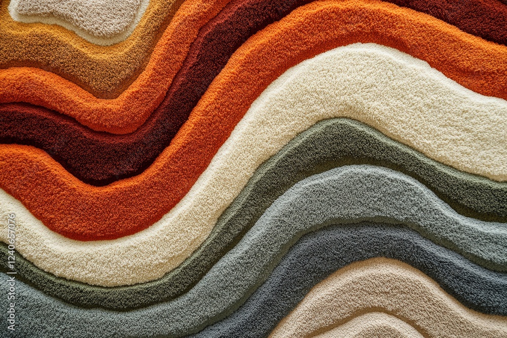 Poster vibrant abstract textile design showcasing flowing waves of color in warm and cool tones for contemp