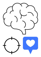 Brain outline above circular target and blue chat bubble with heart. Ideal for mental health, decision making, emotional intelligence, mindfulness, social media, therapy, education. Line metaphor