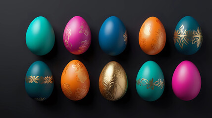 Easter eggs trendy colored classic deep blue, green, orange, magenta and golden decorated on black background