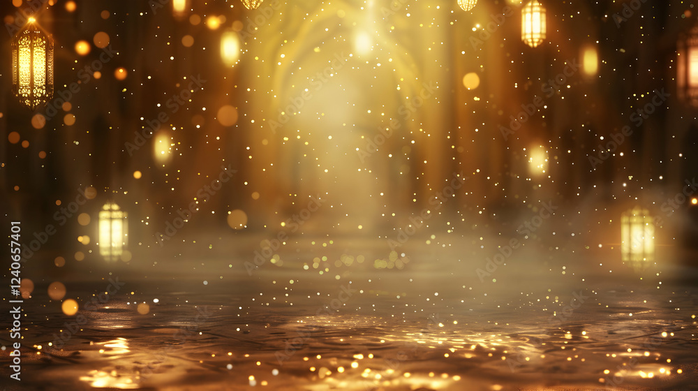 Poster enchanted golden hall with floating particles and glowing lanterns creating a mystical atmosphere
