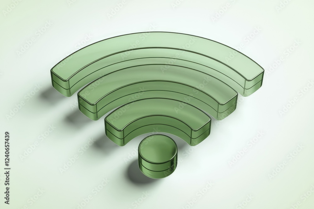 Poster a 3d rendering of a green glass wi-fi signal icon, symbolizing wireless connection.