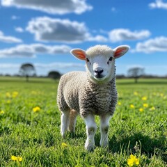 Fototapeta premium Curious lamb stands in sunny meadow filled with yellow flowers under a bright blue sky