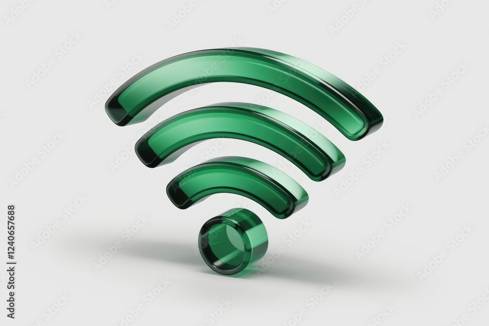 Poster a 3d rendering of a green glass wi-fi symbol, representing internet connectivity.
