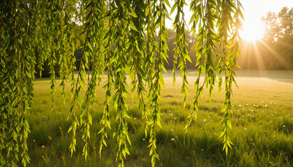 Willow tree branches with sunlight in green meadow © Len_mik