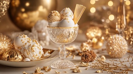 Elegant Golden Ice Cream Dessert with Festive Ornaments