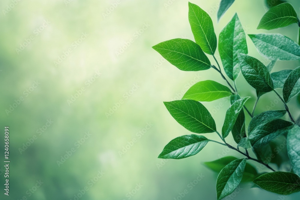Poster lush green leaves on a branch in a serene natural background highlighting the beauty of nature in da