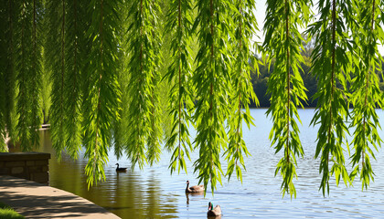 Ducks swimming under green willow branches by the lake © Len_mik