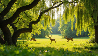 Deer grazing peacefully in sunlit green meadow, willow branches © Len_mik