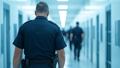 police officer walks through corridor in correctional facility, observing surroundings