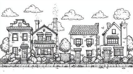 Naklejka premium A village landscape with houses and trees in a suburban area, depicted in a minimalist modern line style