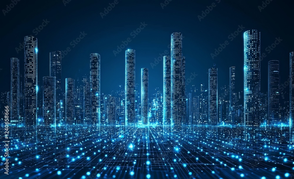 Poster background of blue digital data dots in a pixel design.