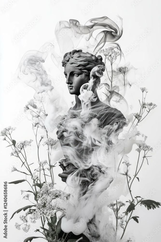 Poster minimalist collage of a statue surrounded by smoke and floral patterns in a soft setting