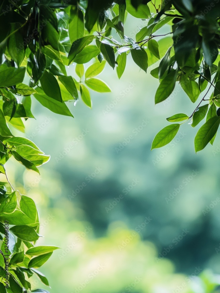 Poster Lush green leaves frame a tranquil background with soft bokeh effect during a calm afternoon in nature. Generative AI