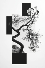 Minimalist collage featuring abstract tree branches and geometric shapes