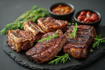 Grilled steak served with herbs and dipping sauces on a slate platter