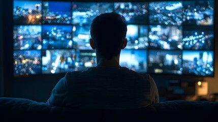 A person observes multiple surveillance screens showing various cityscapes and insights into modern technology.